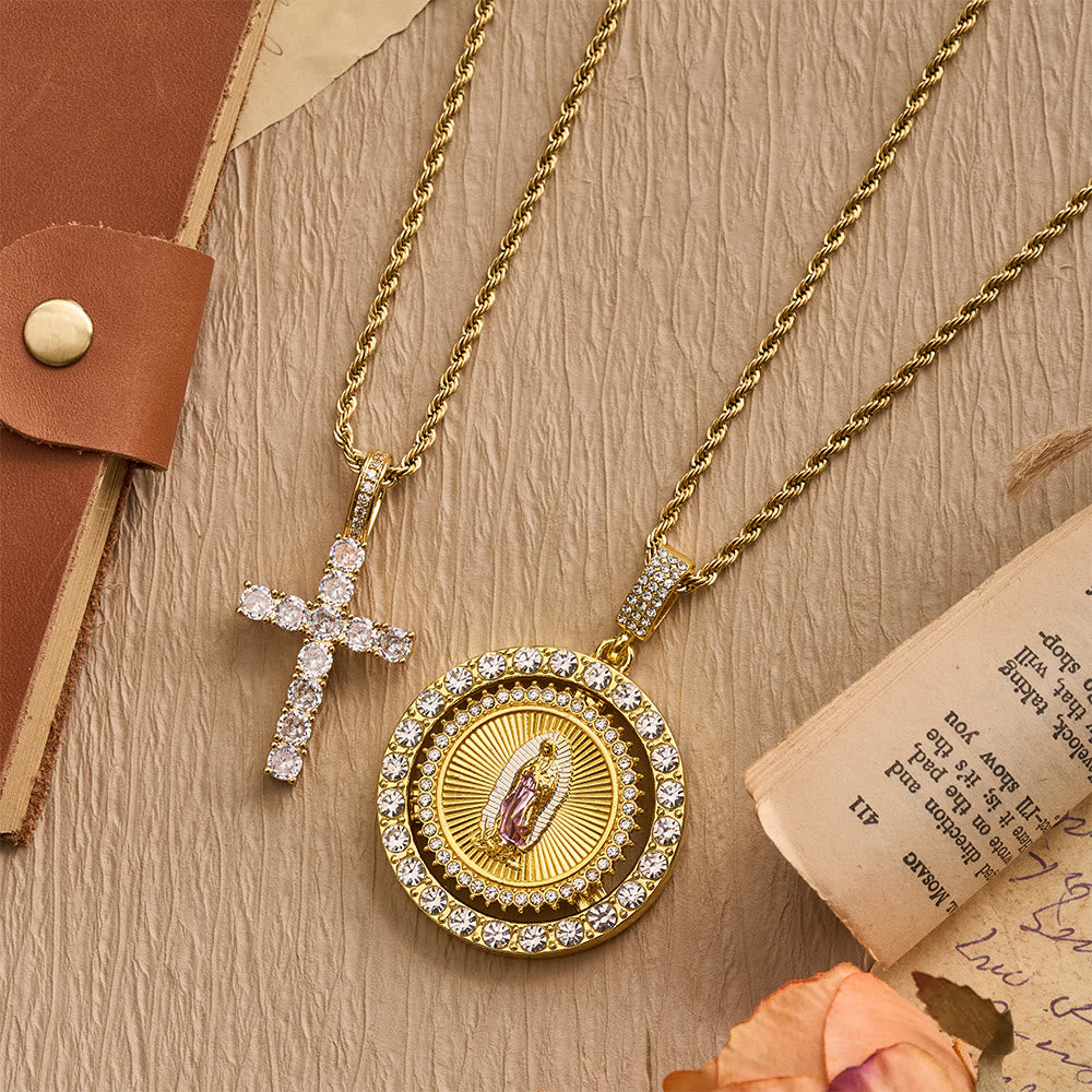Rotating Our Lady of Guadalupe Medallion Necklace with Double Zircon Halo: A Reminder of Divine Grace