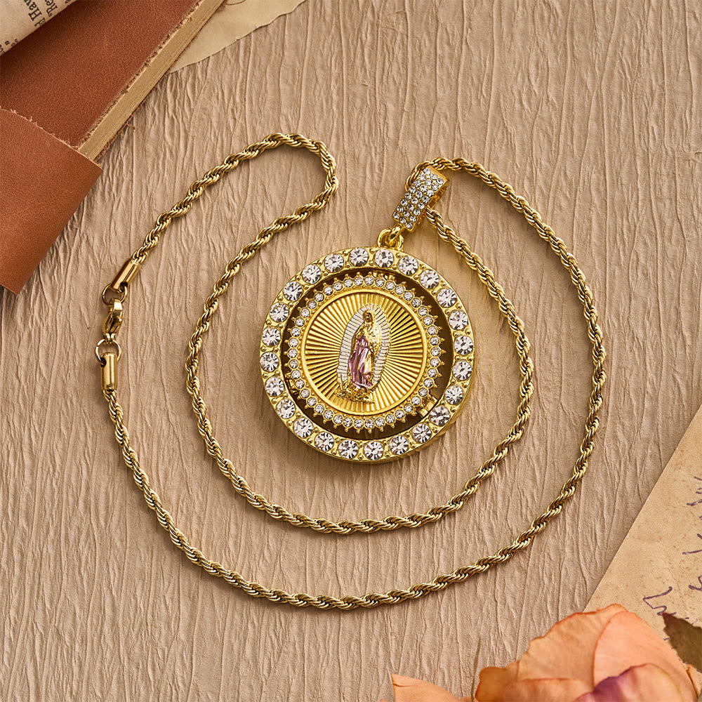 Rotating Our Lady of Guadalupe Medallion Necklace with Double Zircon Halo: A Reminder of Divine Grace