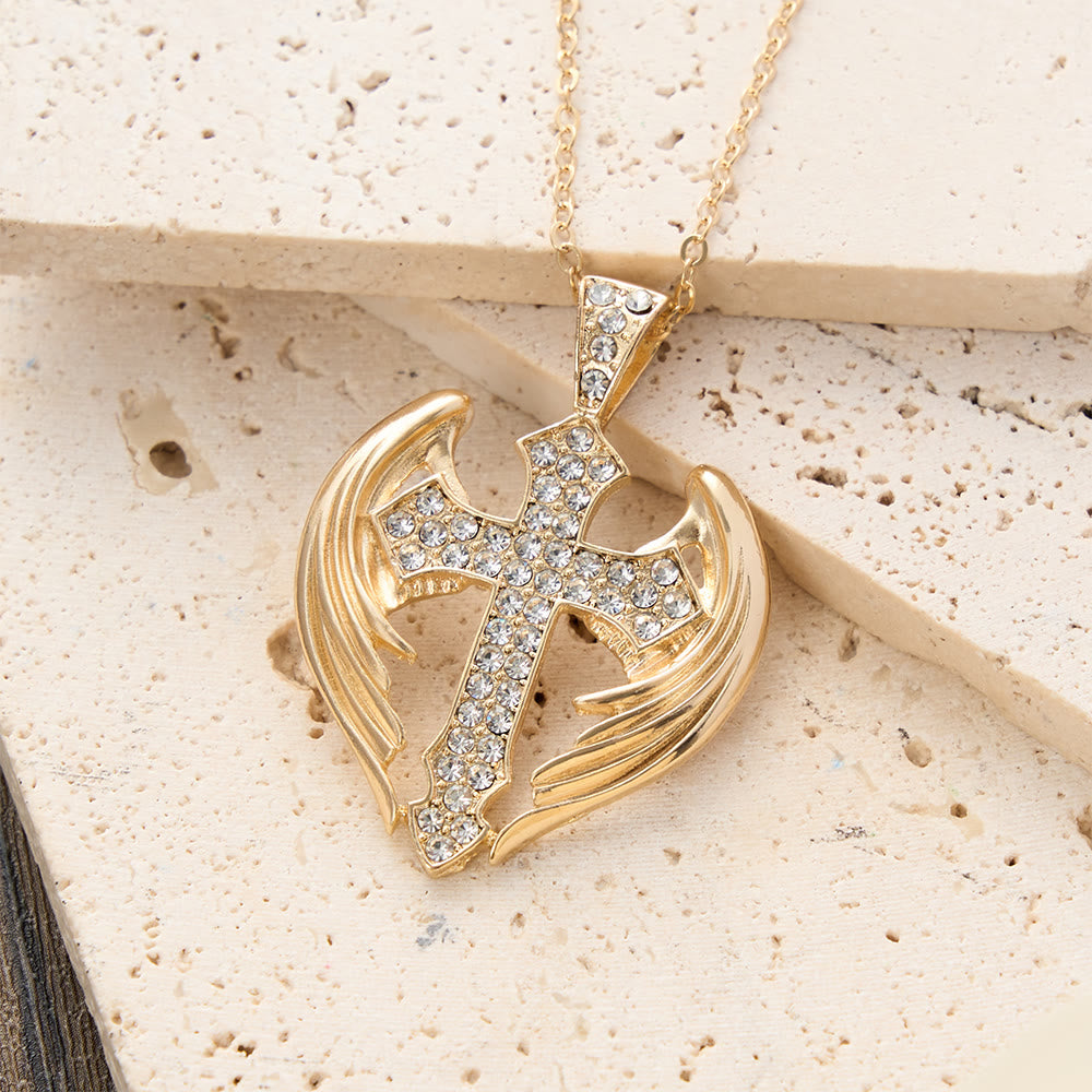 Gold-Tone Angel Wing Cross Pendant Necklace with Zircon Stones: A Symbol of Divine Protection