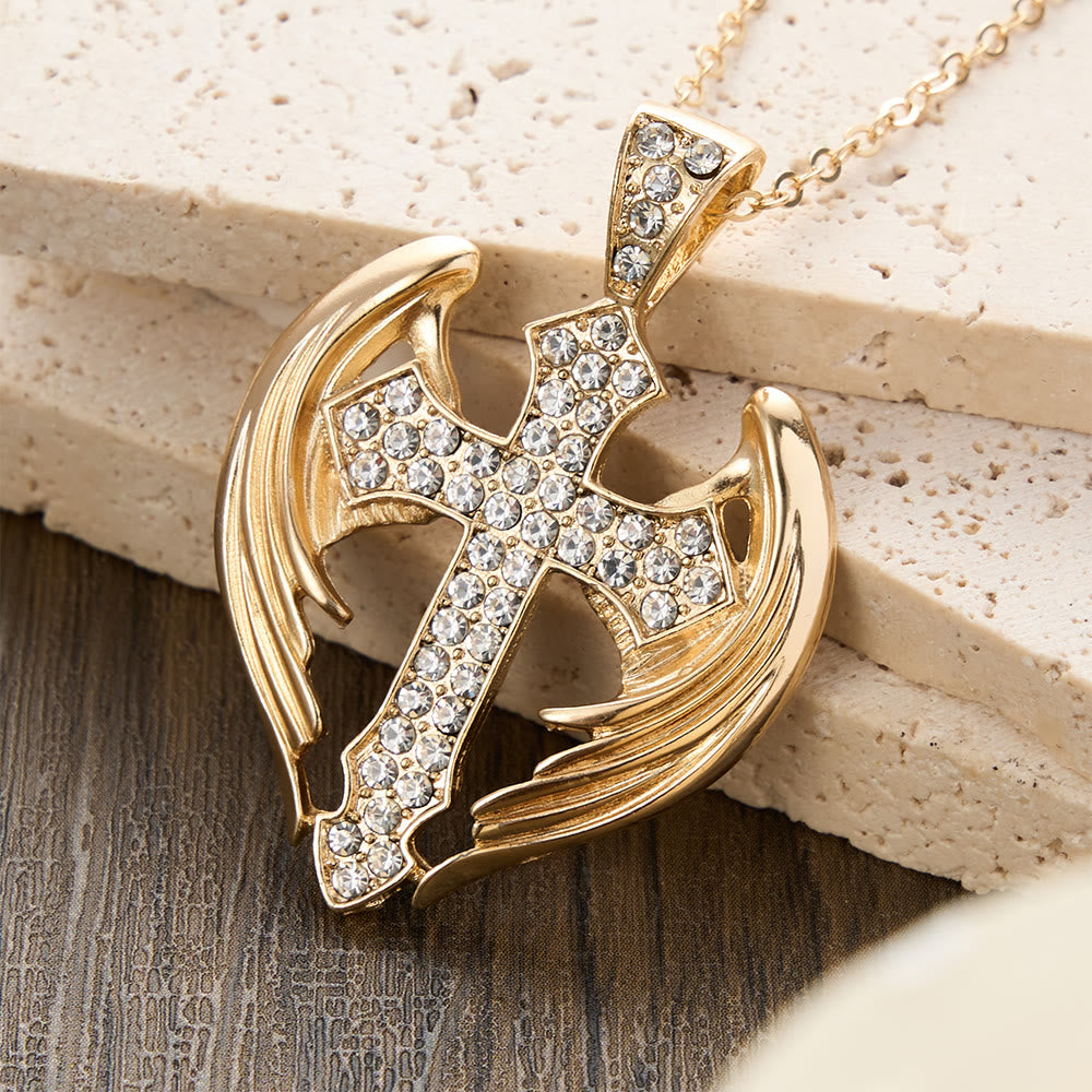 Gold-Tone Angel Wing Cross Pendant Necklace with Zircon Stones: A Symbol of Divine Protection