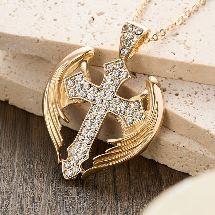 Gold-Tone Angel Wing Cross Pendant Necklace with Zircon Stones: A Symbol of Divine Protection