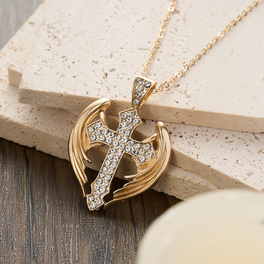 Gold-Tone Angel Wing Cross Pendant Necklace with Zircon Stones: A Symbol of Divine Protection