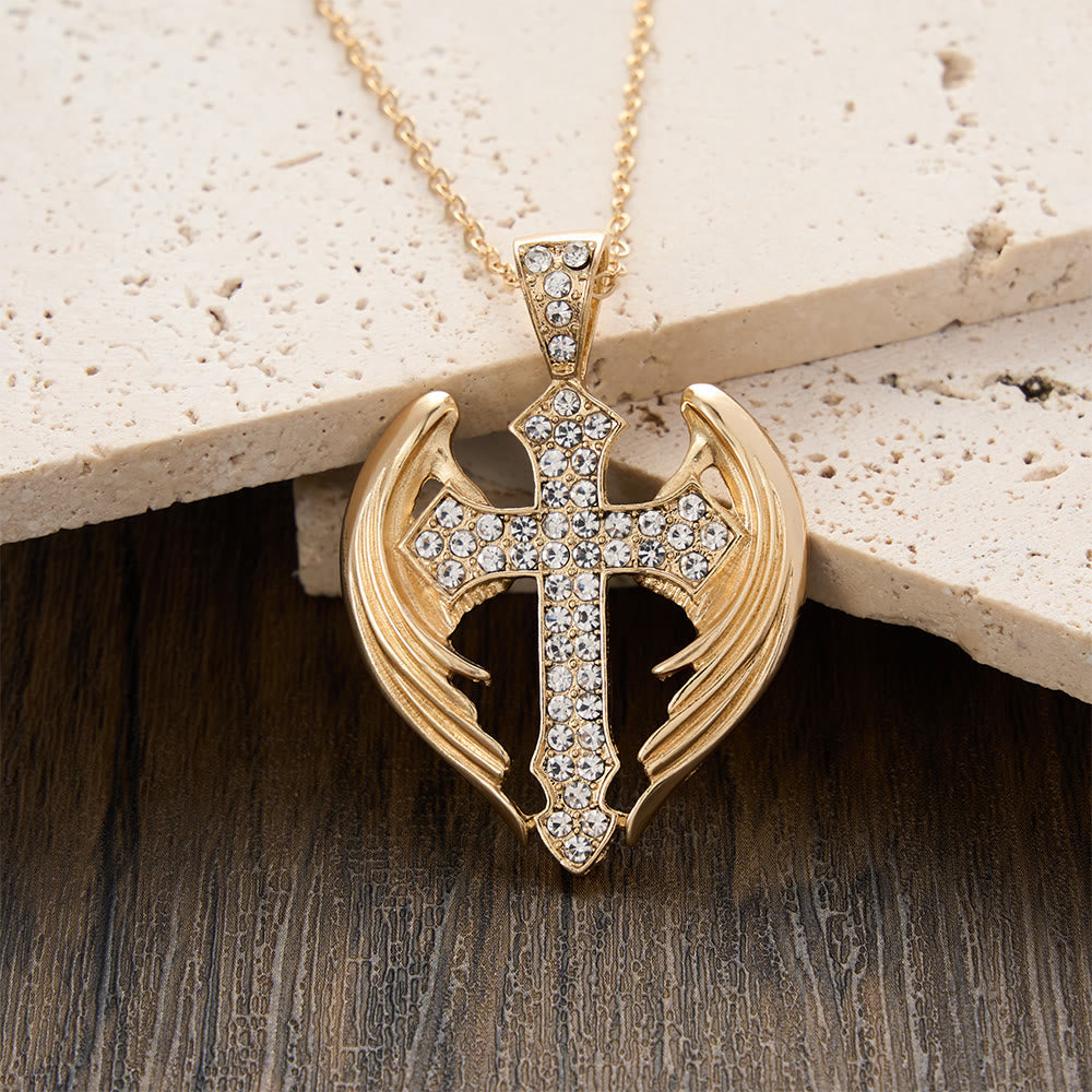 Gold-Tone Angel Wing Cross Pendant Necklace with Zircon Stones: A Symbol of Divine Protection