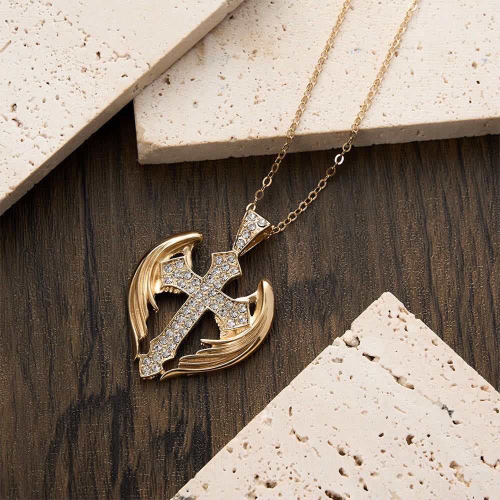 Gold-Tone Angel Wing Cross Pendant Necklace with Zircon Stones: A Symbol of Divine Protection