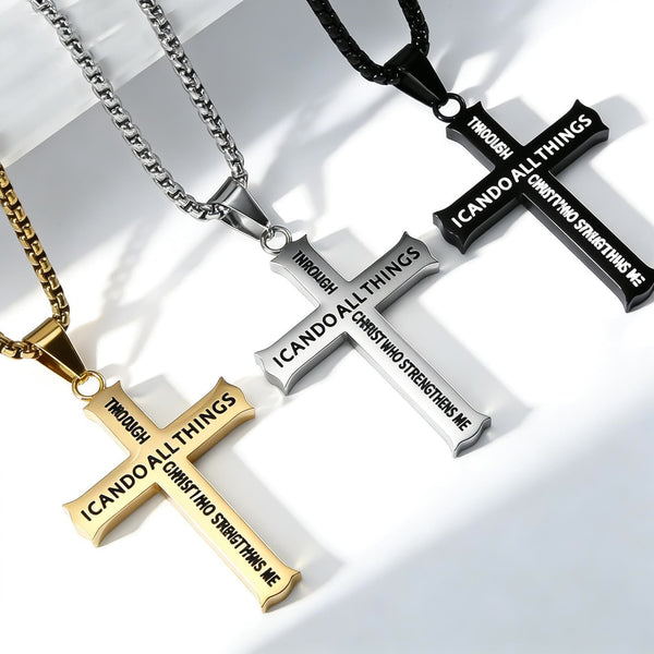 Stainless Steel Cross Pendant Necklace with Philippians 4:13 Quote: A Reminder of Divine Strengthening