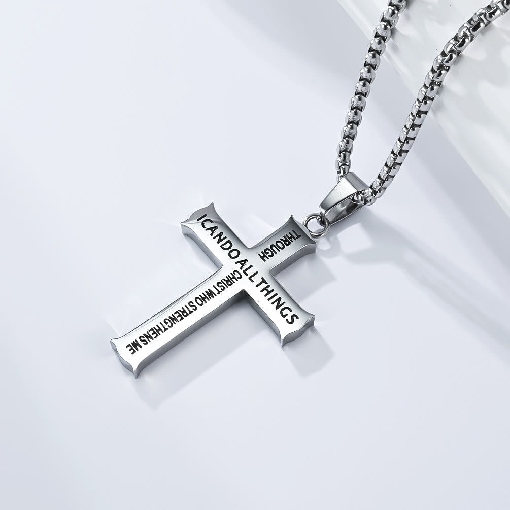 Stainless Steel Cross Pendant Necklace with Philippians 4:13 Quote: A Reminder of Divine Strengthening
