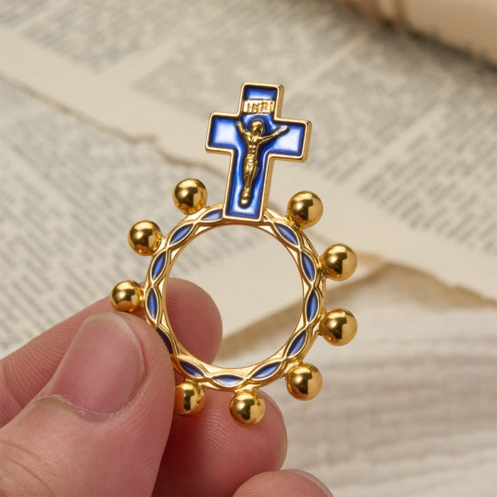 Crucifix Finger Rosary Ring with Blue Enamel & Beaded Accents (Set of 5/10): A Symbol of Redemption