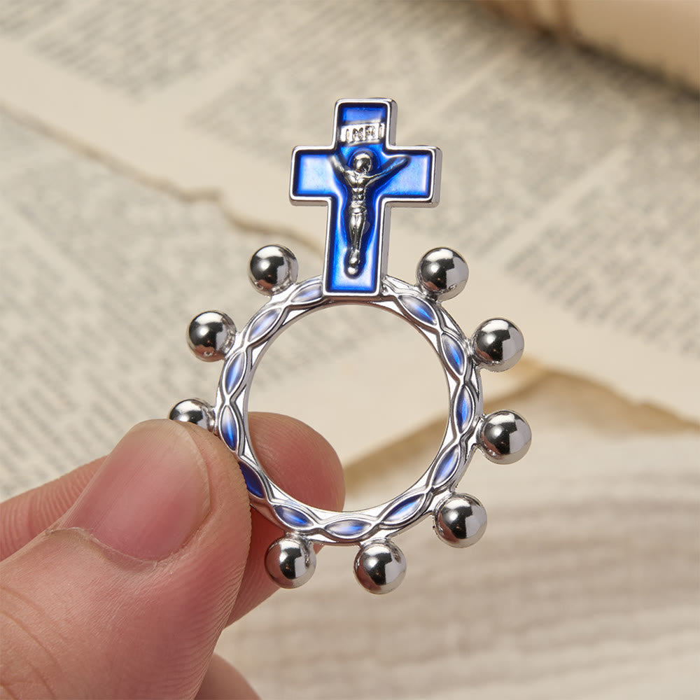 Crucifix Finger Rosary Ring with Blue Enamel & Beaded Accents (Set of 5/10): A Symbol of Redemption
