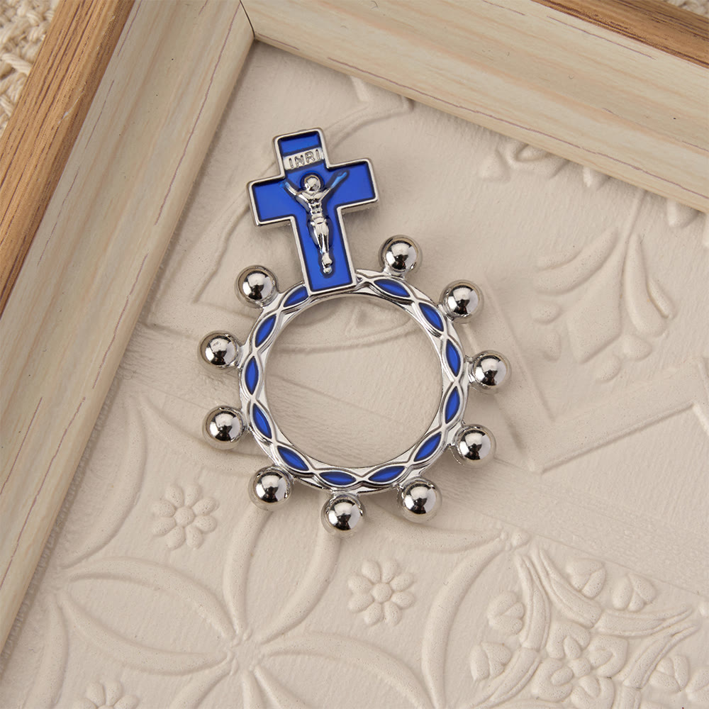 Crucifix Finger Rosary Ring with Blue Enamel & Beaded Accents (Set of 5/10): A Symbol of Redemption