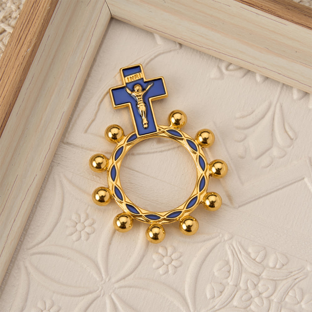 Crucifix Finger Rosary Ring with Blue Enamel & Beaded Accents (Set of 5/10): A Symbol of Redemption