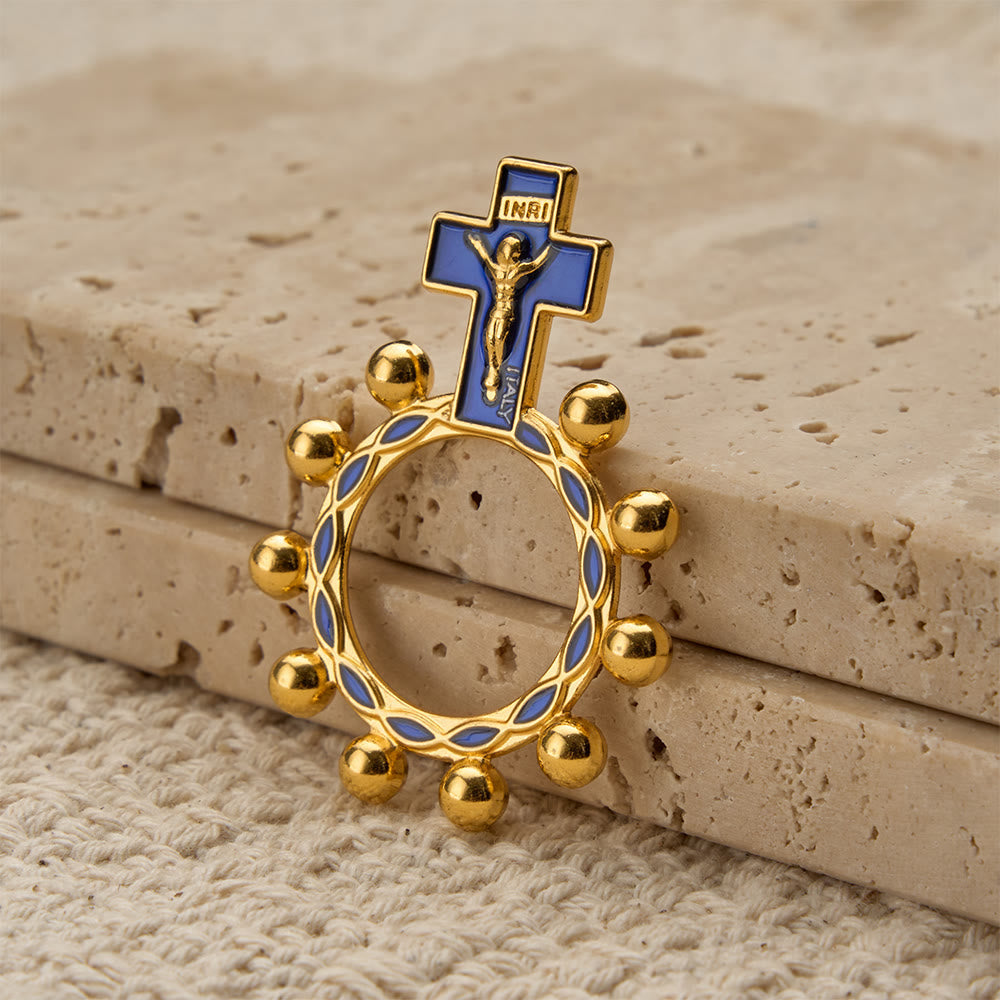 Crucifix Finger Rosary Ring with Blue Enamel & Beaded Accents (Set of 5/10): A Symbol of Redemption