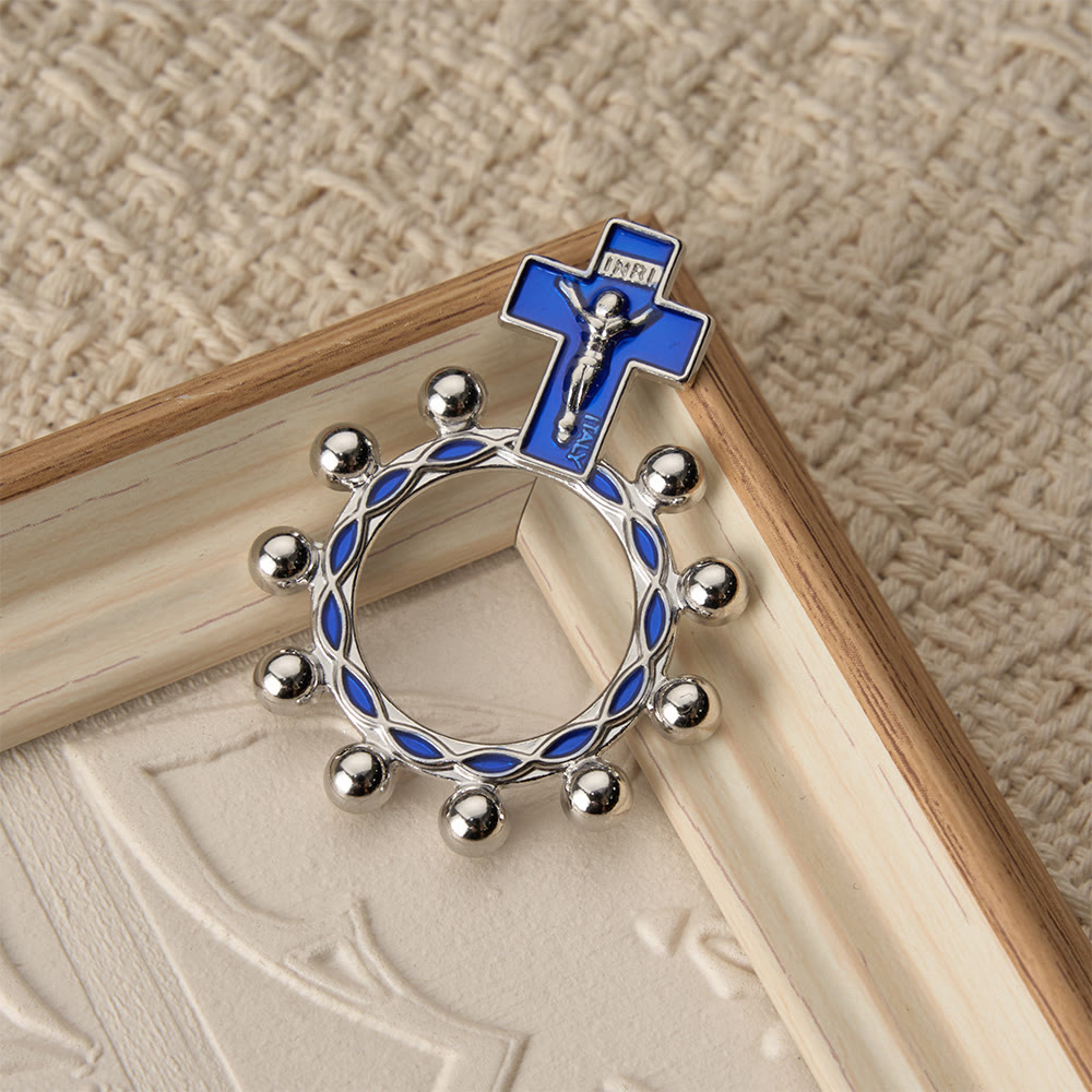 Crucifix Finger Rosary Ring with Blue Enamel & Beaded Accents (Set of 5/10): A Symbol of Redemption