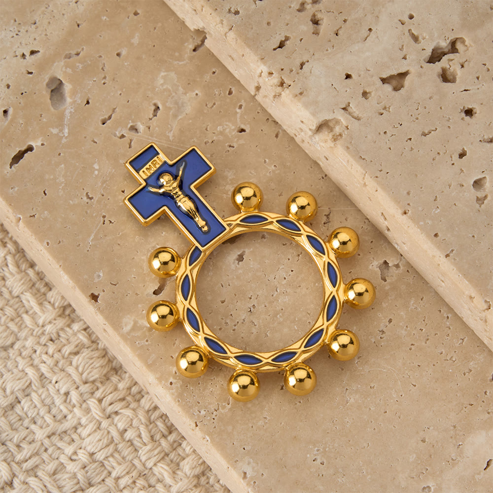Crucifix Finger Rosary Ring with Blue Enamel & Beaded Accents (Set of 5/10): A Symbol of Redemption