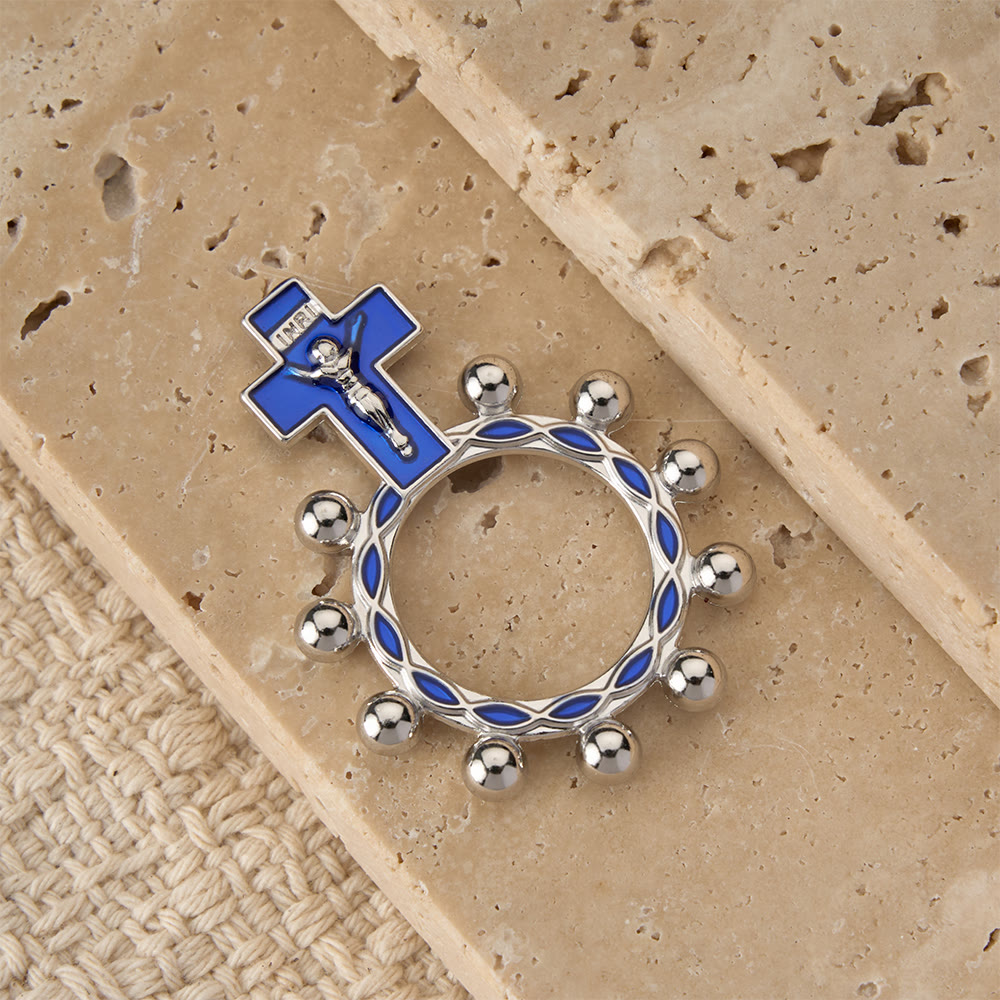 Crucifix Finger Rosary Ring with Blue Enamel & Beaded Accents (Set of 5/10): A Symbol of Redemption