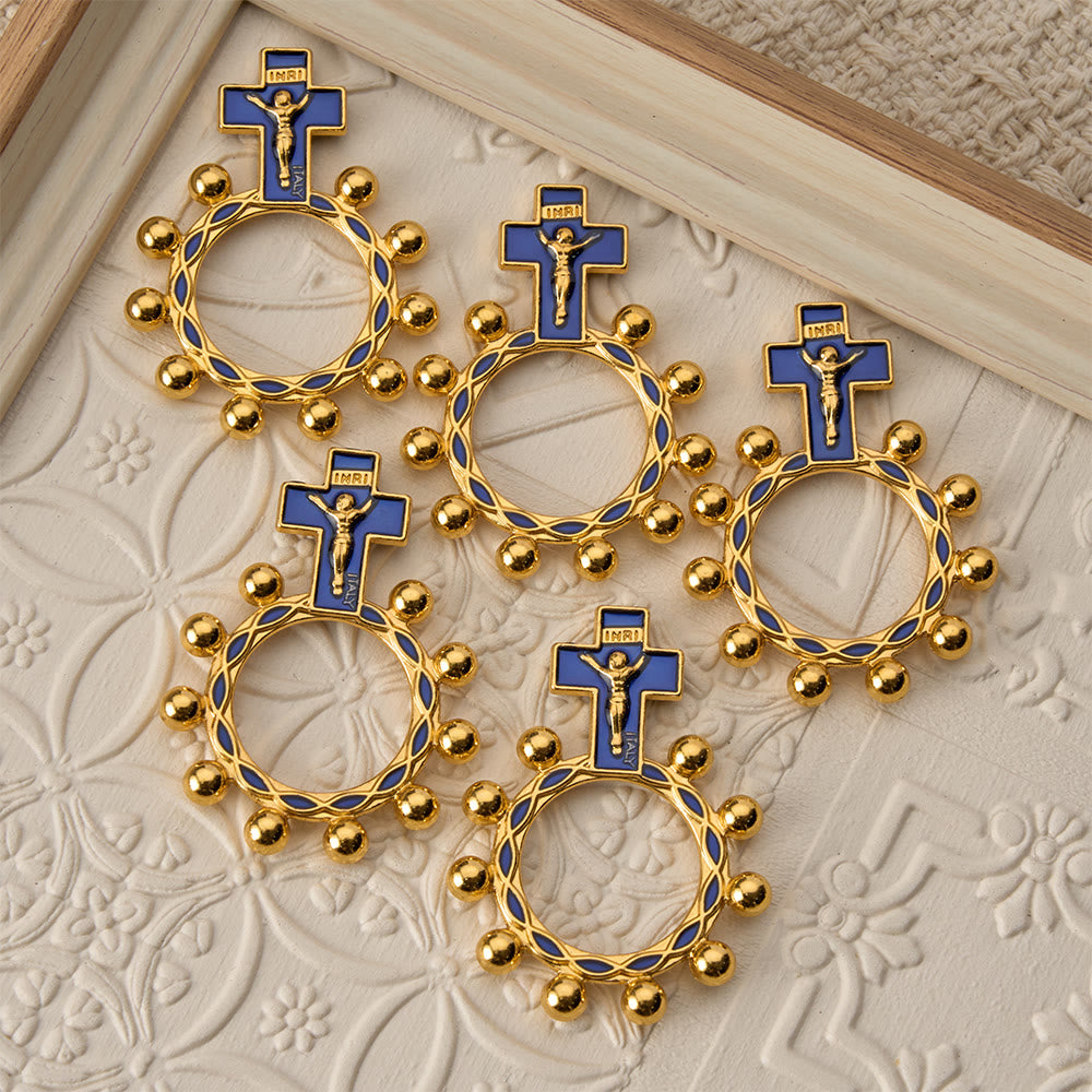 Crucifix Finger Rosary Ring with Blue Enamel & Beaded Accents (Set of 5/10): A Symbol of Redemption