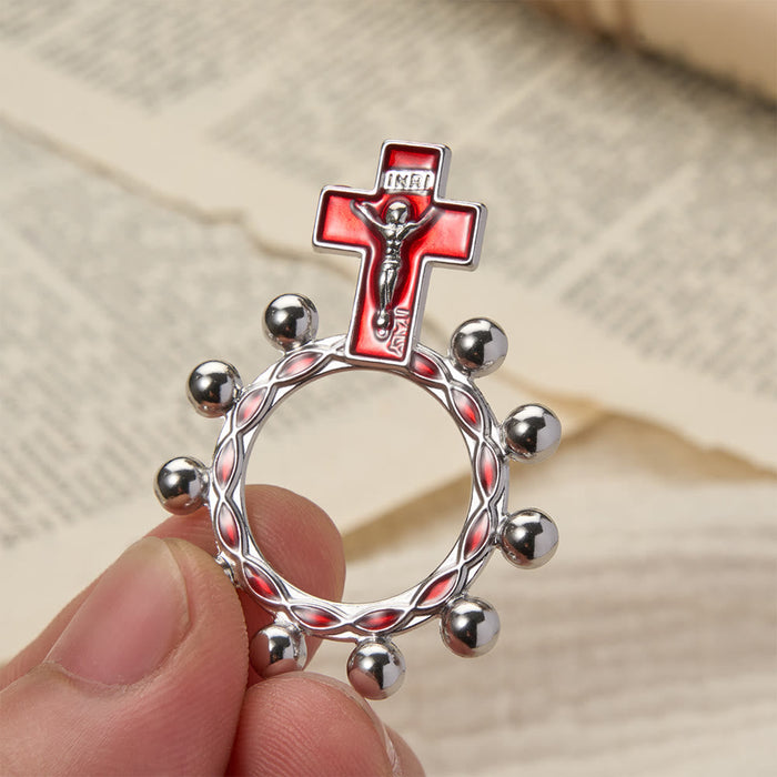 Crucifix Finger Rosary Ring with Red Enamel & Beaded Accents (Set of 5/10): A Symbol of Redemption