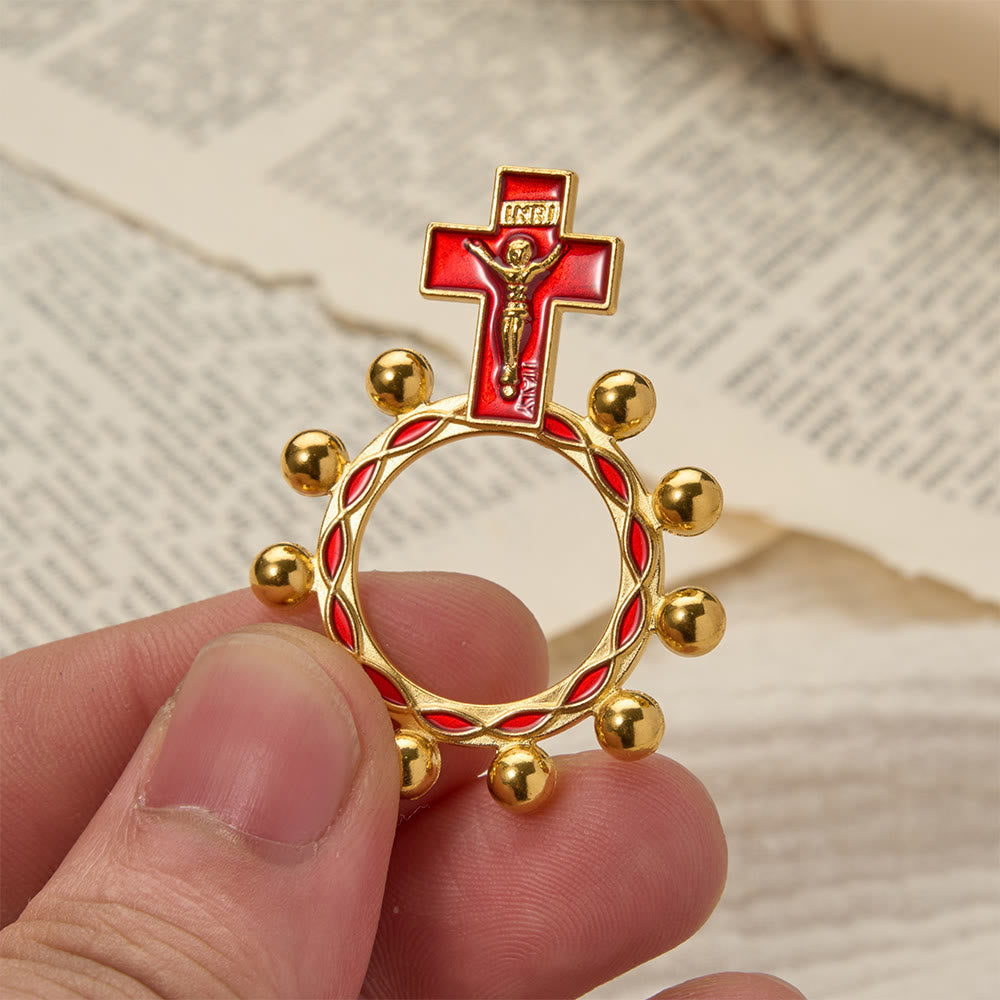 Crucifix Finger Rosary Ring with Red Enamel & Beaded Accents (Set of 5/10): A Symbol of Redemption