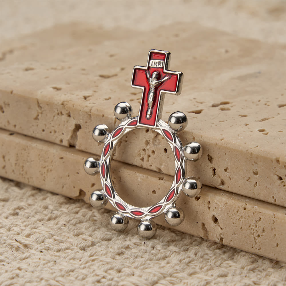 Crucifix Finger Rosary Ring with Red Enamel & Beaded Accents (Set of 5/10): A Symbol of Redemption