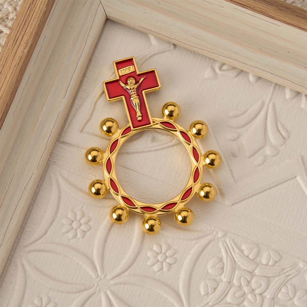 Crucifix Finger Rosary Ring with Red Enamel & Beaded Accents (Set of 5/10): A Symbol of Redemption