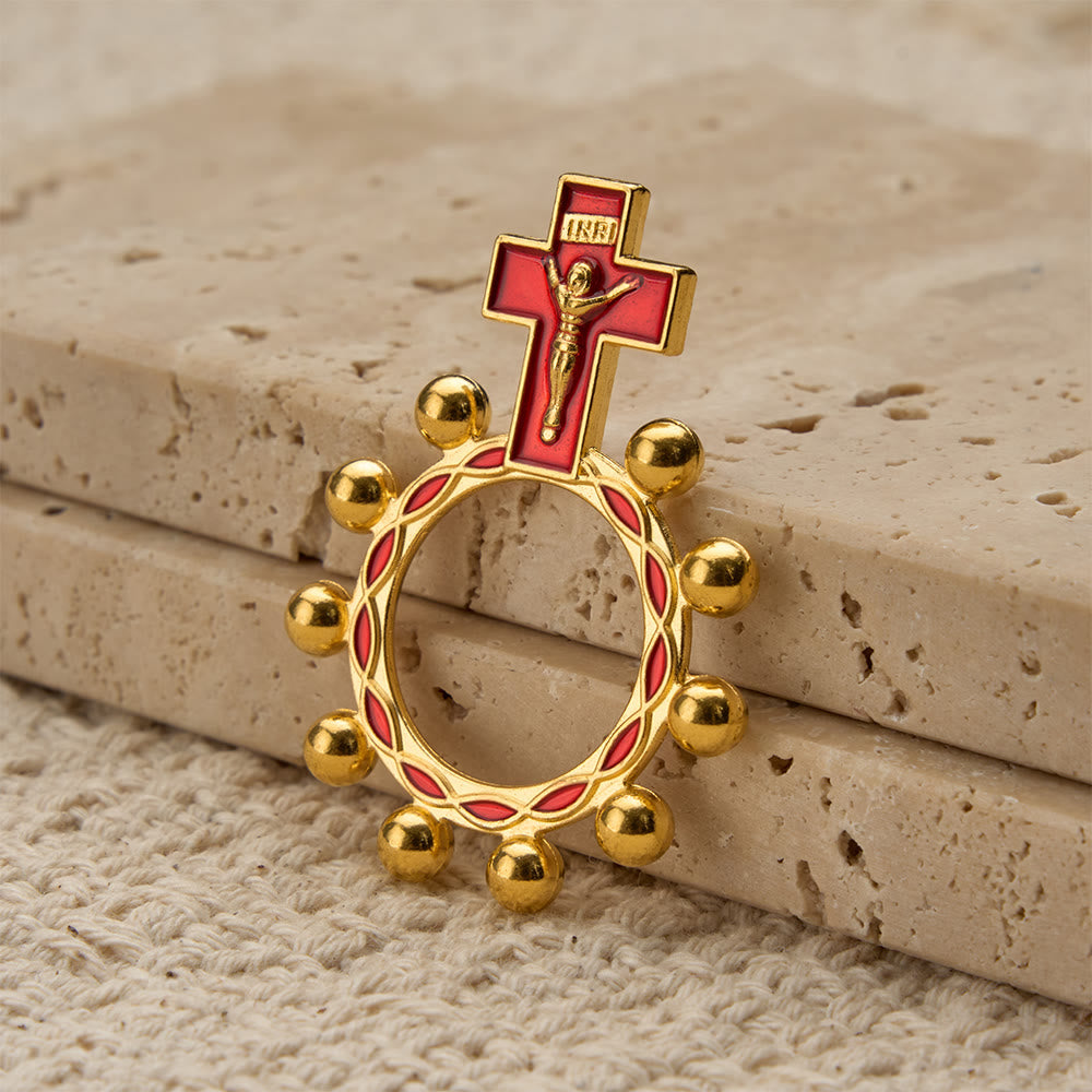 Crucifix Finger Rosary Ring with Red Enamel & Beaded Accents (Set of 5/10): A Symbol of Redemption