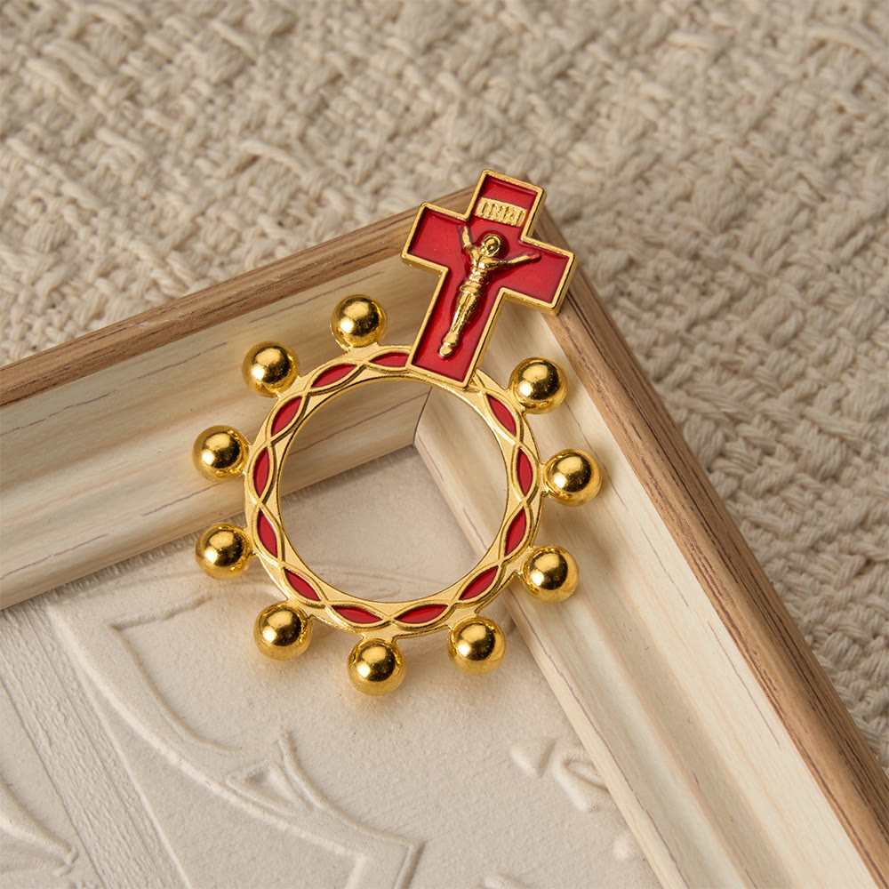 Crucifix Finger Rosary Ring with Red Enamel & Beaded Accents (Set of 5/10): A Symbol of Redemption