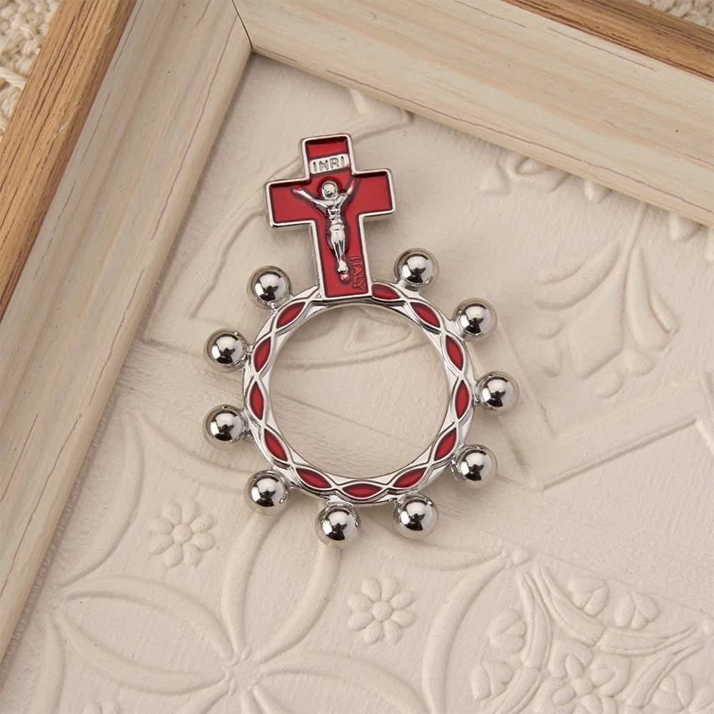 Crucifix Finger Rosary Ring with Red Enamel & Beaded Accents (Set of 5/10): A Symbol of Redemption