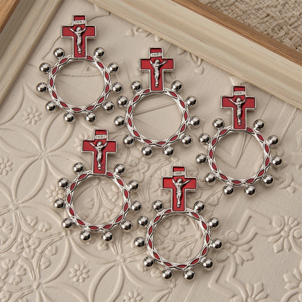 Crucifix Finger Rosary Ring with Red Enamel & Beaded Accents (Set of 5/10): A Symbol of Redemption