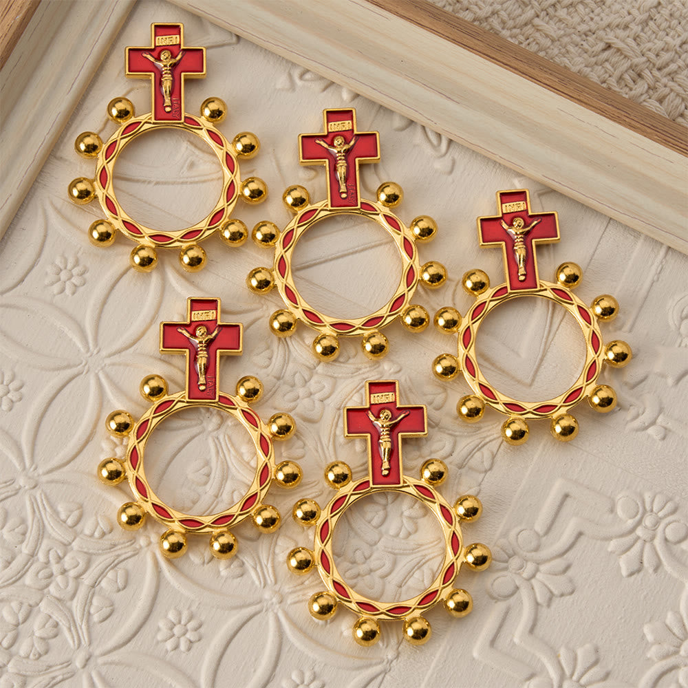 Crucifix Finger Rosary Ring with Red Enamel & Beaded Accents (Set of 5/10): A Symbol of Redemption