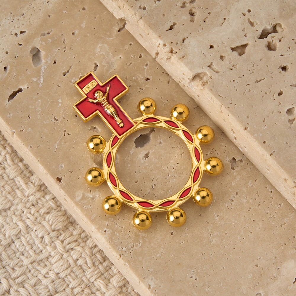 Crucifix Finger Rosary Ring with Red Enamel & Beaded Accents (Set of 5/10): A Symbol of Redemption