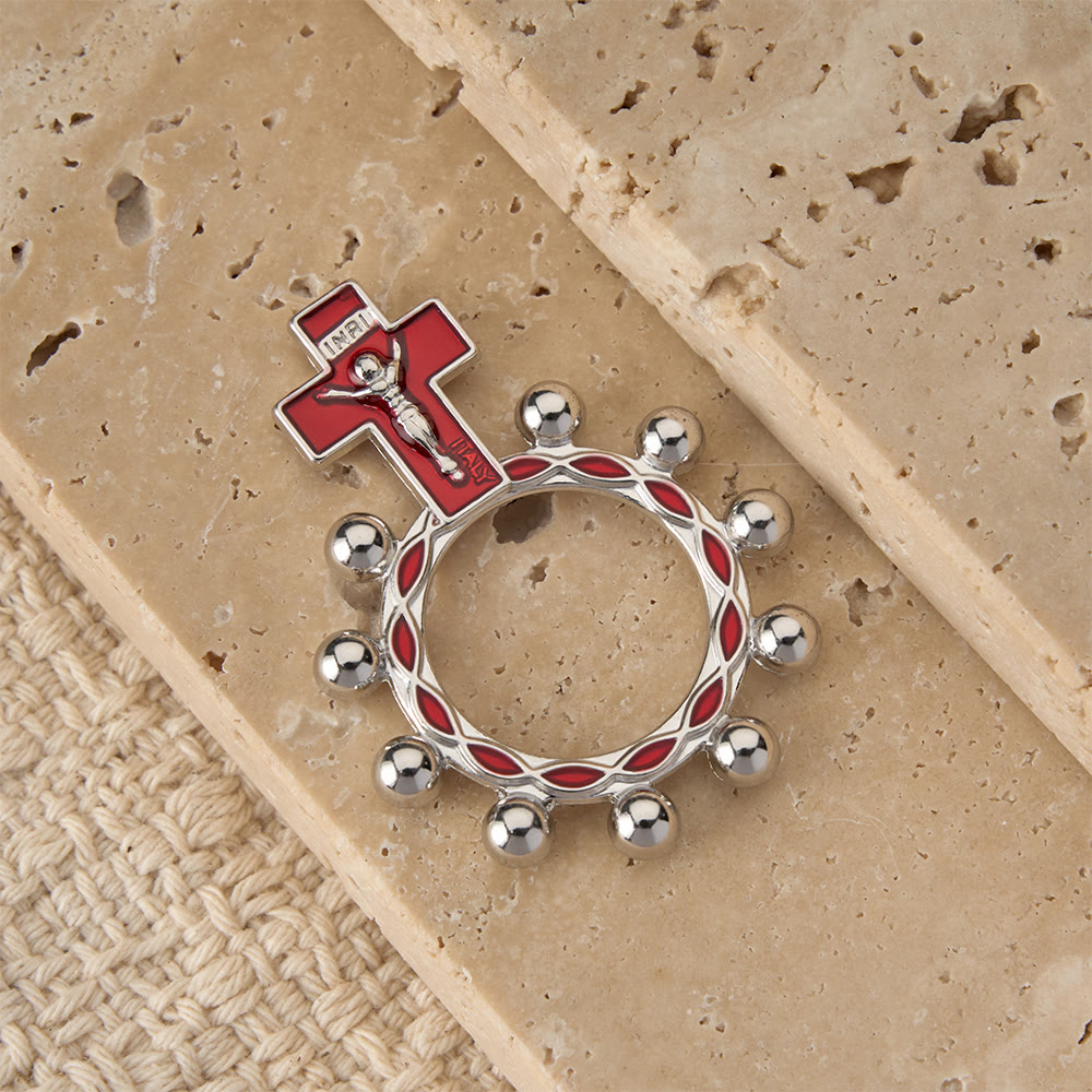 Crucifix Finger Rosary Ring with Red Enamel & Beaded Accents (Set of 5/10): A Symbol of Redemption