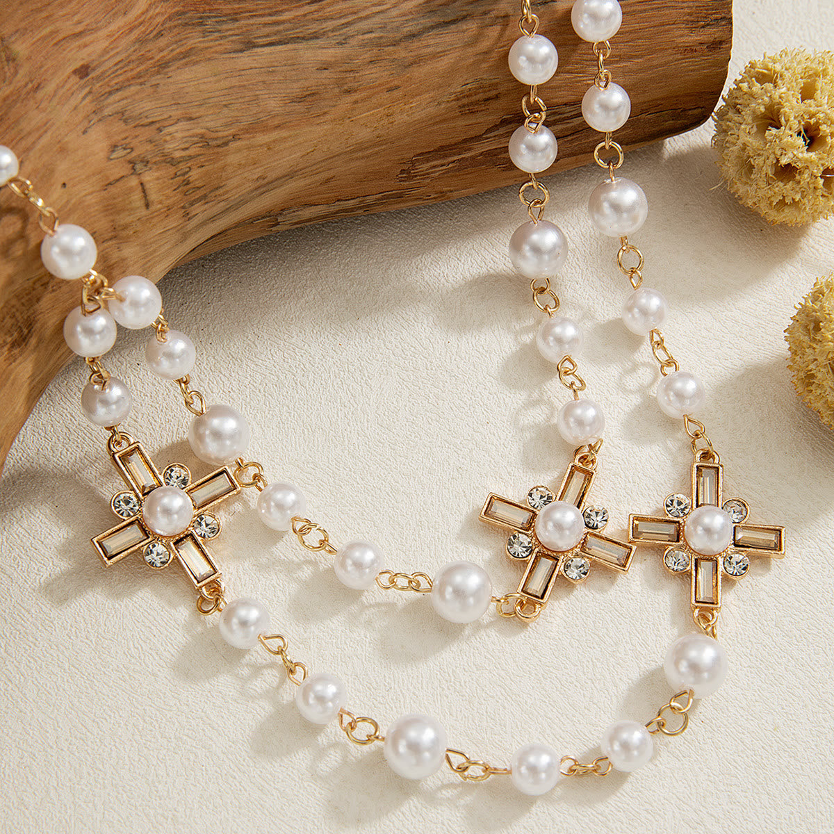 Elegant Cross Rosary Necklace with Gold-Tone Details & White Beads: A Reminder of Divine Grace
