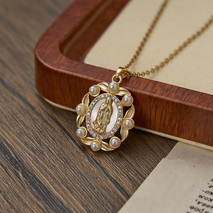 Vintage Our Lady Pendant Necklace with Mother of Pearl & White Beads: A Symbol of Marian Grace