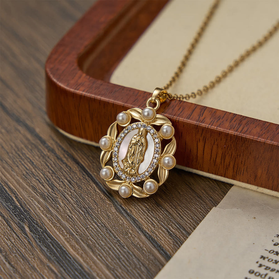 Vintage Our Lady Pendant Necklace with Mother of Pearl & White Beads: A Symbol of Marian Grace
