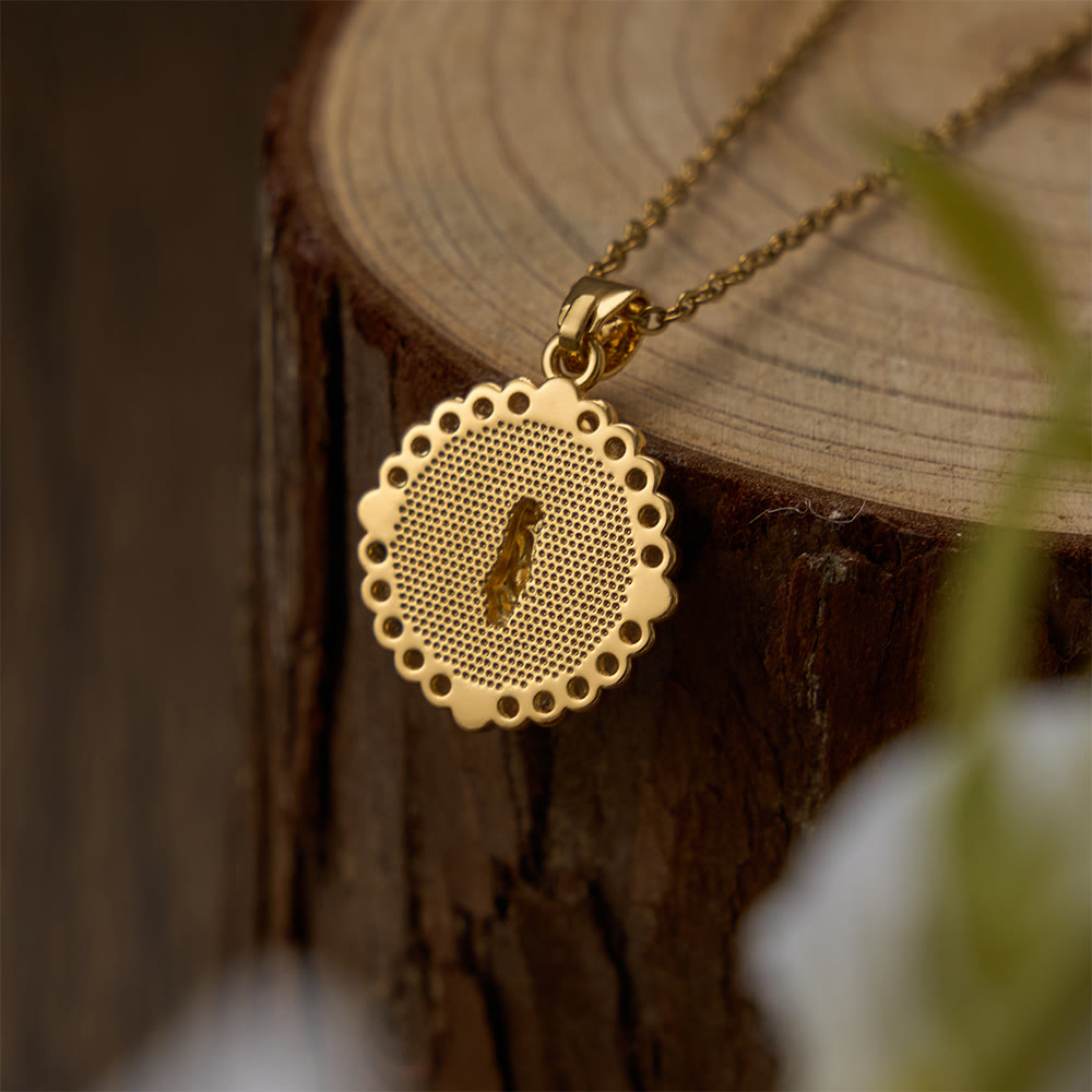 Ornate Gold-Tone Virgin Mary Necklace with Mother of Pearl Inlay & Crystal Halo: A Reminder of Divine Protection