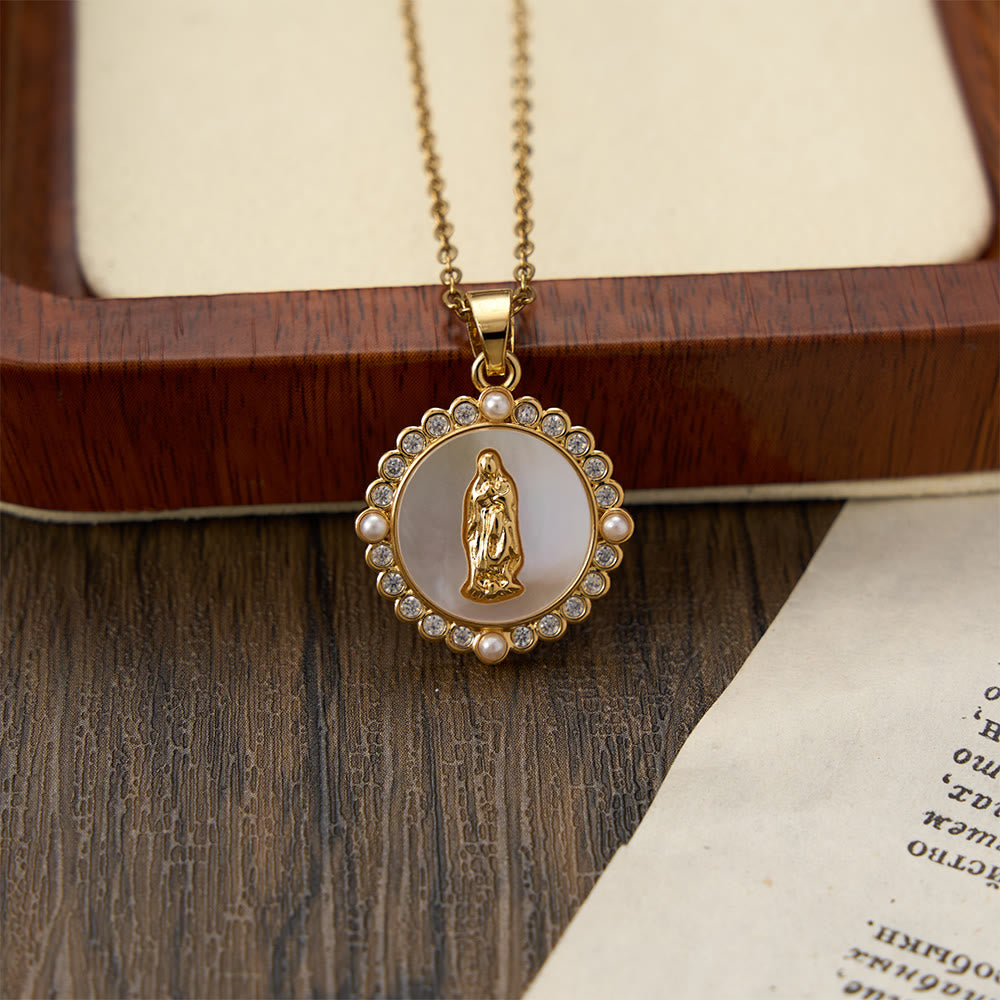 Ornate Gold-Tone Virgin Mary Necklace with Mother of Pearl Inlay & Crystal Halo: A Reminder of Divine Protection