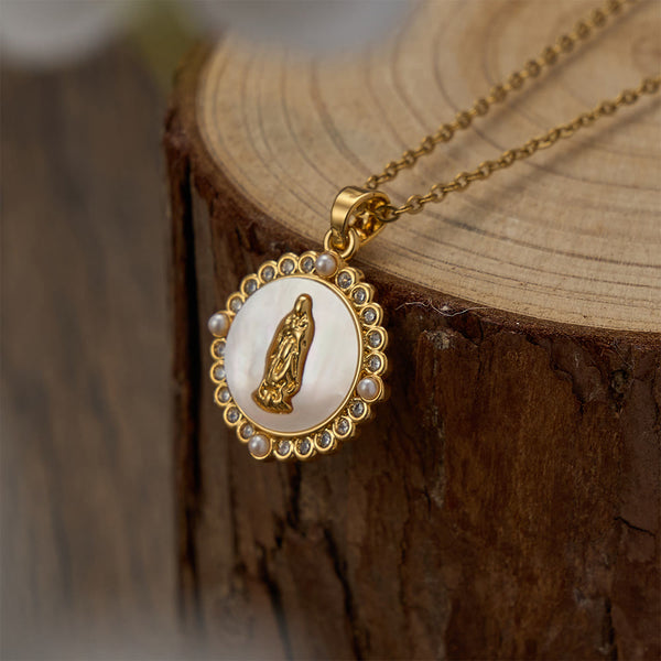 Ornate Gold-Tone Virgin Mary Necklace with Mother of Pearl Inlay & Crystal Halo: A Reminder of Divine Protection