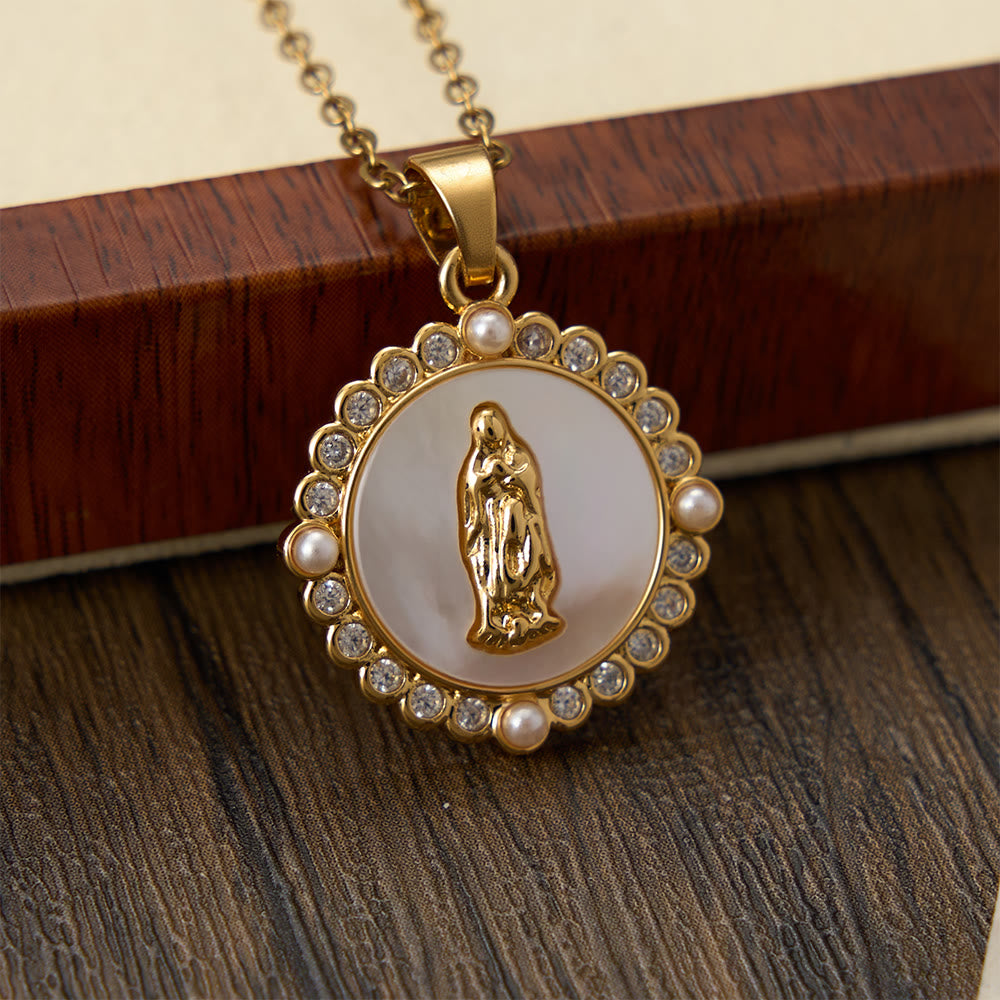 Ornate Gold-Tone Virgin Mary Necklace with Mother of Pearl Inlay & Crystal Halo: A Reminder of Divine Protection