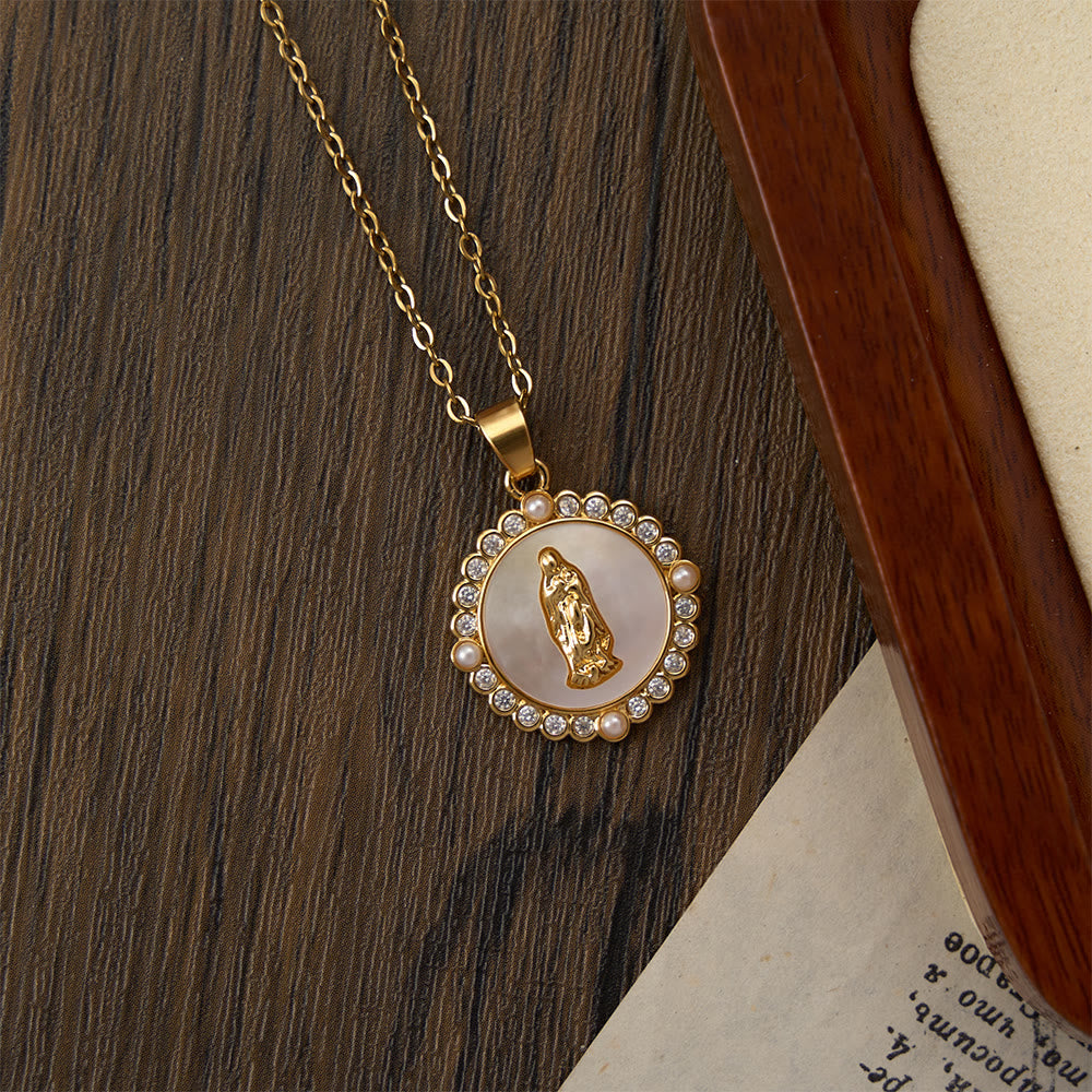 Ornate Gold-Tone Virgin Mary Necklace with Mother of Pearl Inlay & Crystal Halo: A Reminder of Divine Protection