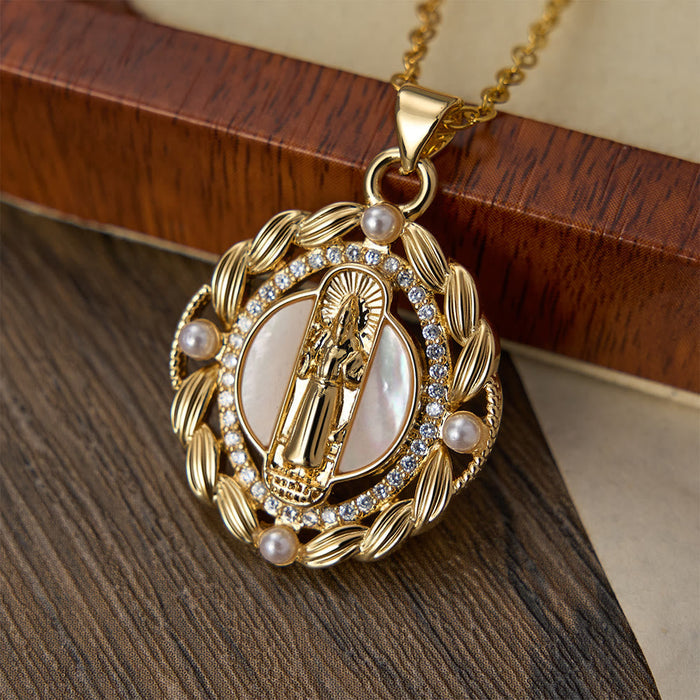 Elegant Virgin Mary Pendant Necklace with Sparkling Crystals & White Bead Accents