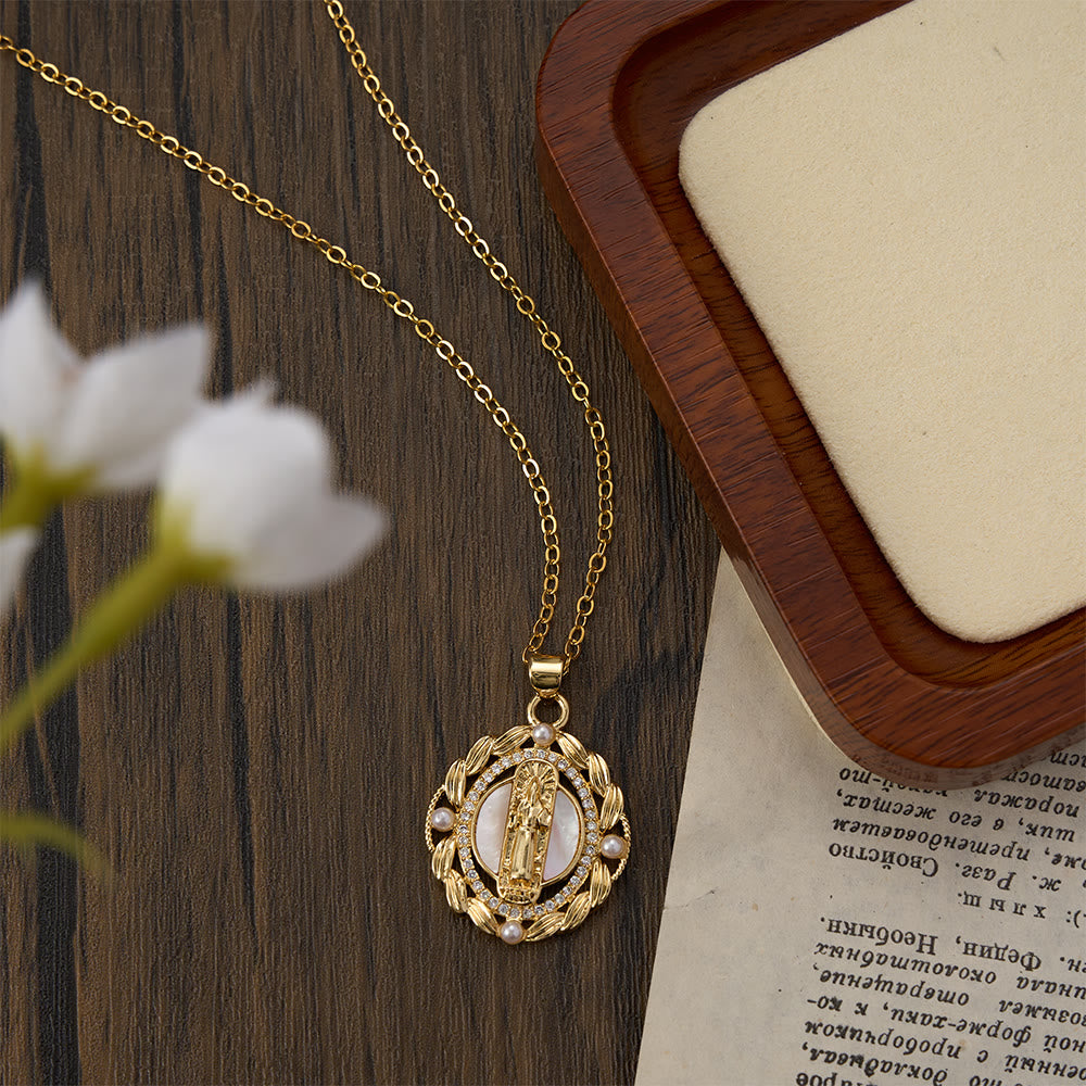 Elegant Virgin Mary Pendant Necklace with Sparkling Crystals & White Bead Accents