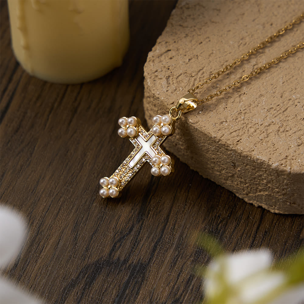 Refined Cross Pendant Necklace with Mother of Pearl, Zircon, and Pearl Accents