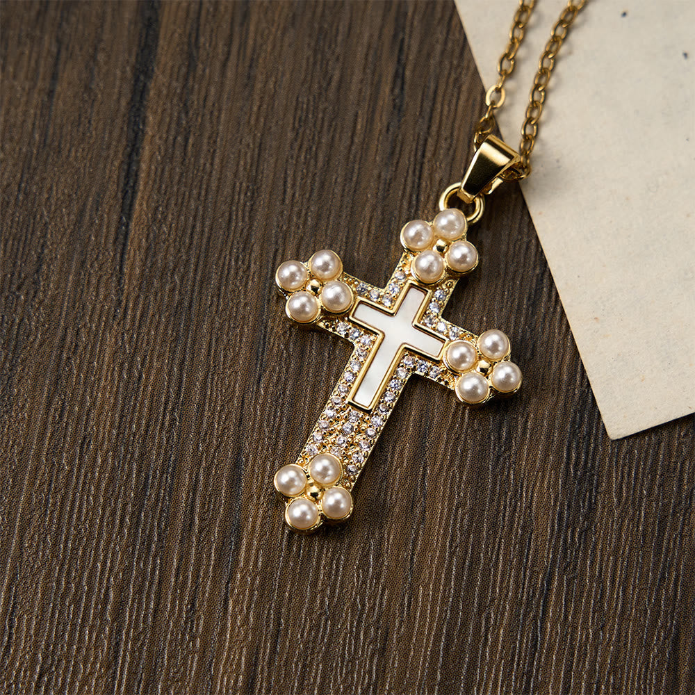 Refined Cross Pendant Necklace with Mother of Pearl, Zircon, and Pearl Accents