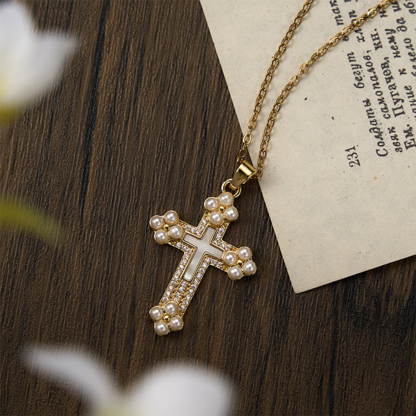 Refined Cross Pendant Necklace with Mother of Pearl, Zircon, and Pearl Accents