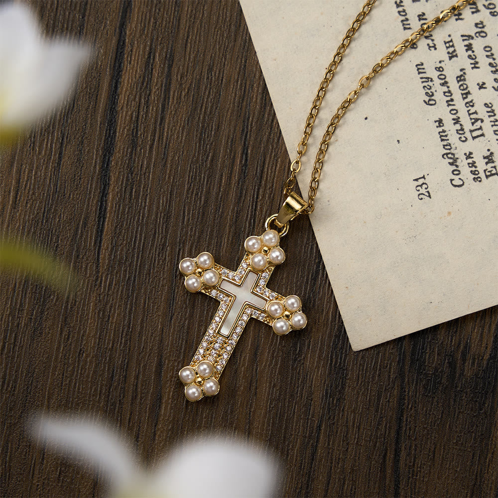 Refined Cross Pendant Necklace with Mother of Pearl, Zircon, and Pearl Accents