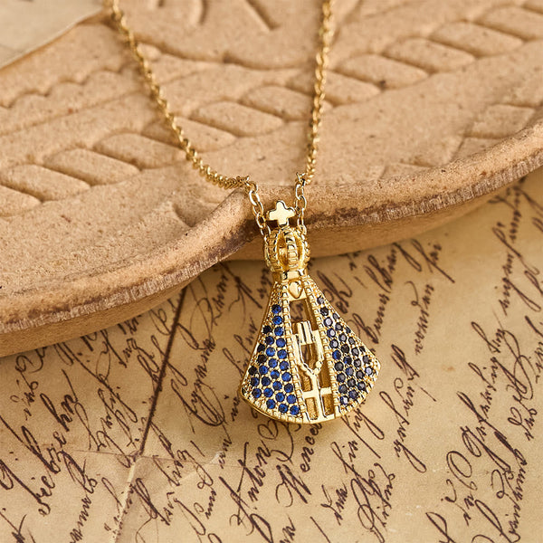 Our Lady of Aparecida Blue & White Double-Sided Pendant Necklace with Crown & Cross Details