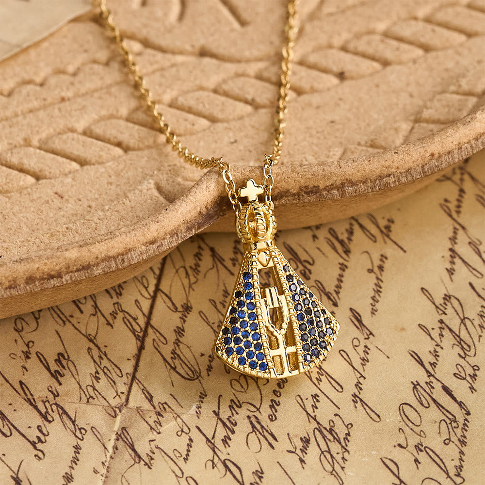 Our Lady of Aparecida Blue & White Double-Sided Pendant Necklace with Crown & Cross Details