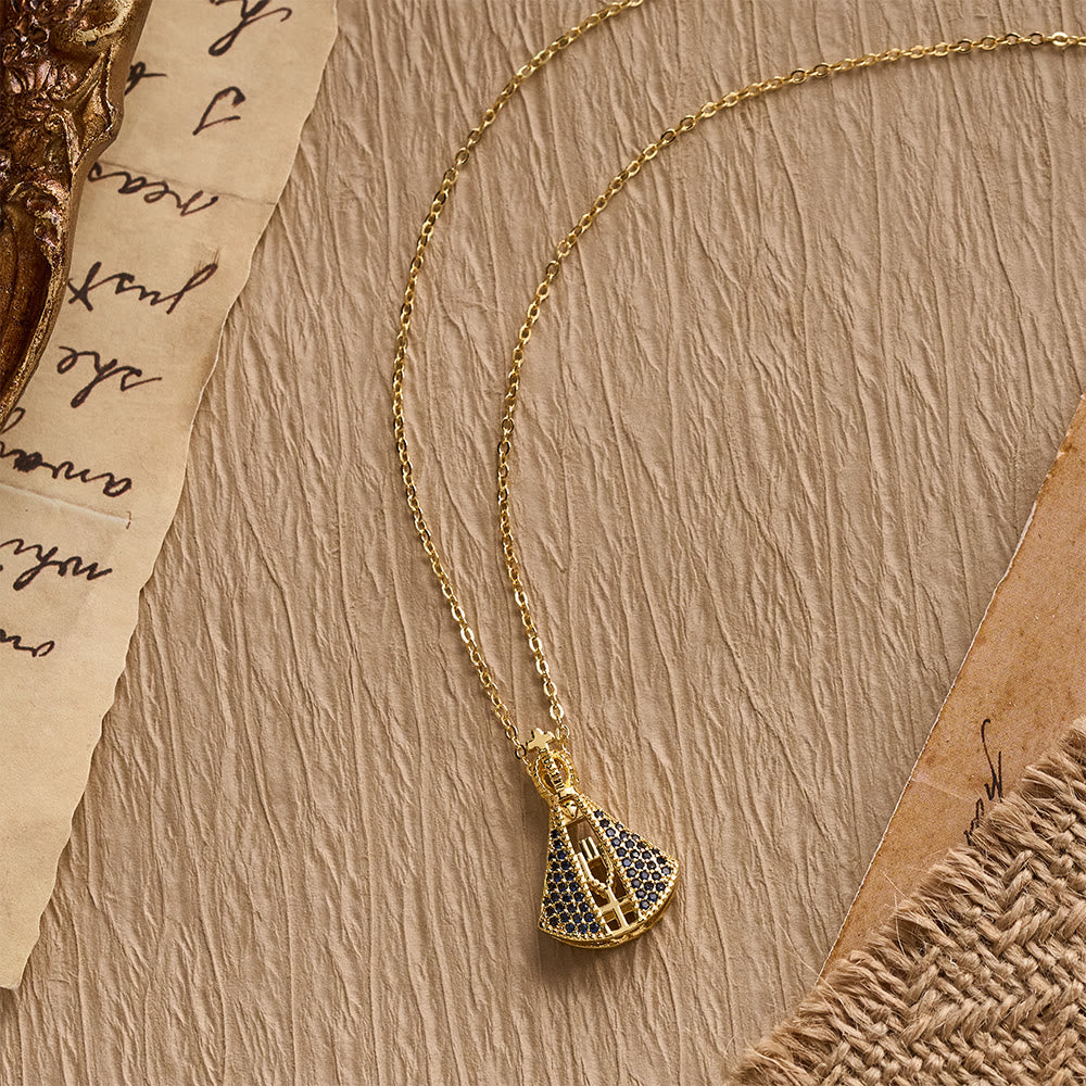 Our Lady of Aparecida Blue & White Double-Sided Pendant Necklace with Crown & Cross Details