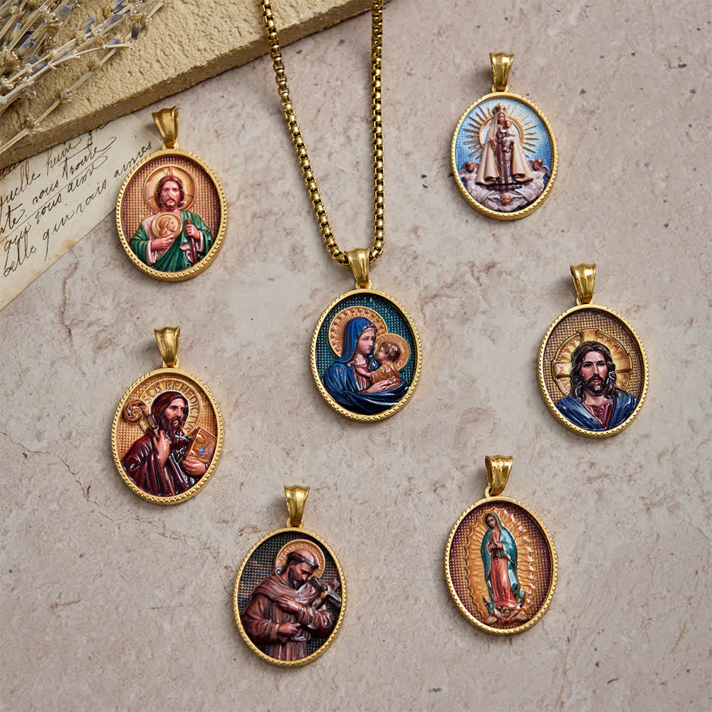 Elegant Enameled Religious Portrait Necklace with Gold Frame: An Emblem of Faith and Protection