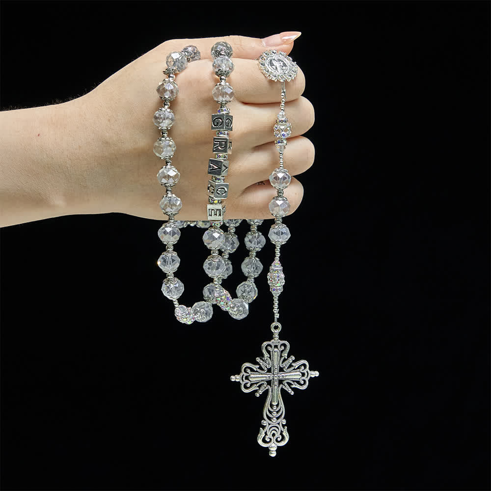 Sparkling White St. Benedict Forever Faith Rosary with Custom Name Letters