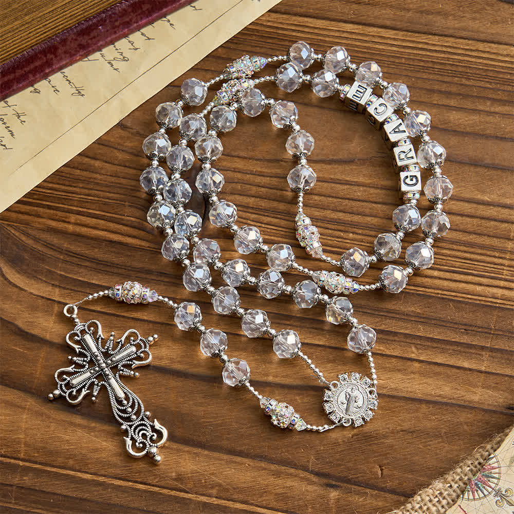 Sparkling White St. Benedict Forever Faith Rosary with Custom Name Letters